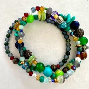 multi-colored stack of 3 beaded fashion stretch bracelets